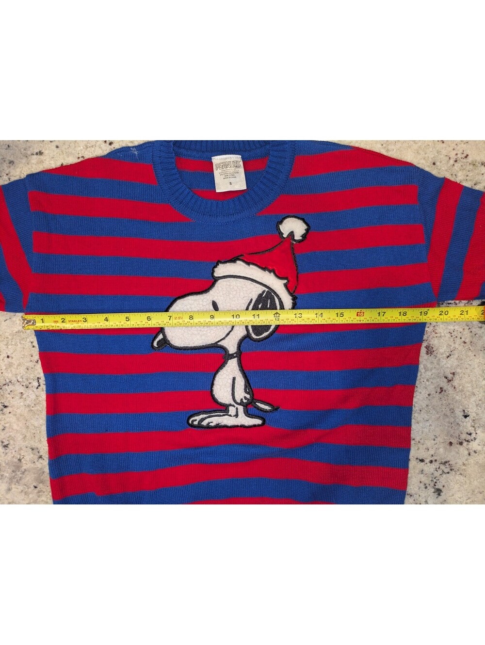 Peanuts Snoopy Christmas Sweater S Red Blue Striped Santa Fuzzy Holiday - Picture 5 of 11